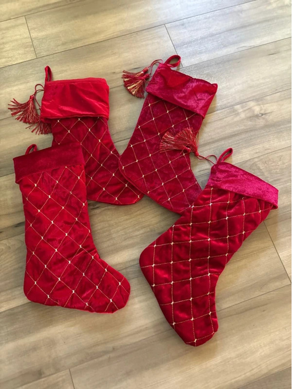 4 Red & Gold Christmas Stockings used 2 seasons EUC
